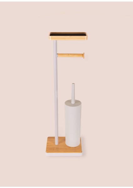 Gri Metal Tepsili ve Fırçalı Tuvalet Kağıdı Standı