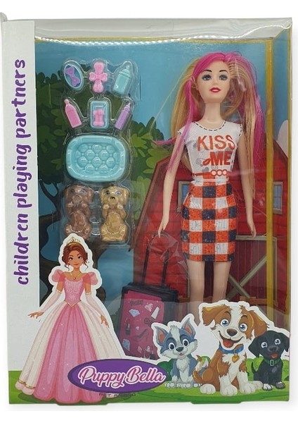 Puppy Bella 30 cm Bebek ve Köpek Bakım Seti - Turuncu Elbise (Lisinya)