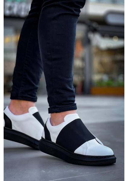 KB-040 Kuback Beyaz Cilt Siyah Yüksek Taban Lastikli Günlük Erkek Ayakkabı