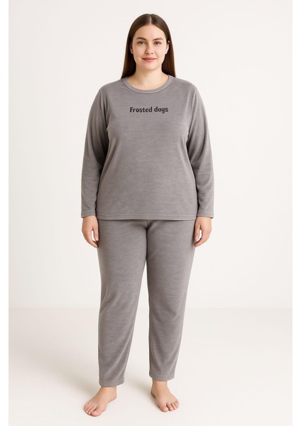 Kadın 13213-2653 Büyük Beden Kadife Pijama Takımı Gri