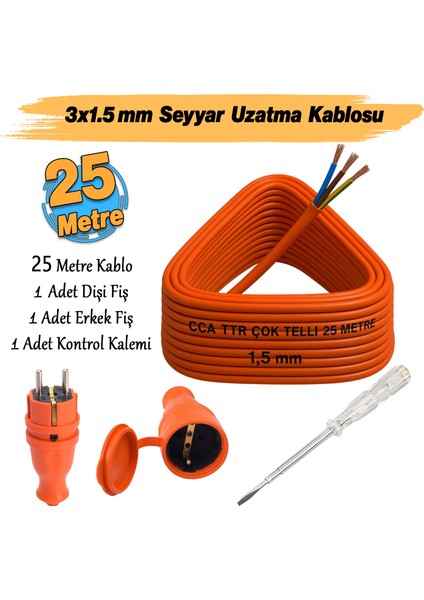 Seyyar 25 Metre Uzatma Kablosu Ttr Cca Telli 3x1.5 mm Elektrik Kablo Kontrol Kalem Dişi Erkek Fiş
