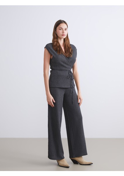 Yeni Sezon Beli Lastikli Dokulu Geniş Paça Kadın Pantolon