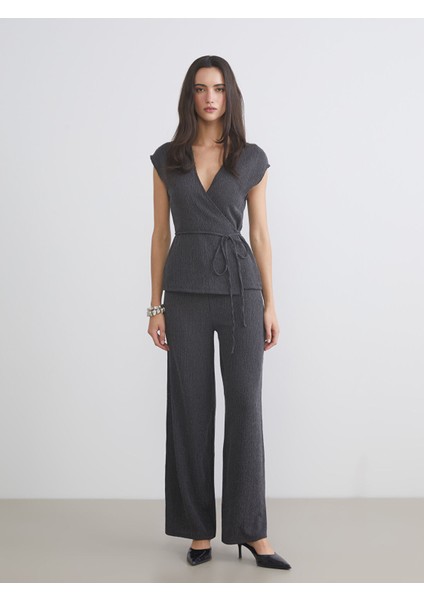 Yeni Sezon Beli Lastikli Dokulu Geniş Paça Kadın Pantolon fiyatları