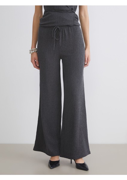 Yeni Sezon Beli Lastikli Dokulu Geniş Paça Kadın Pantolon modelleri