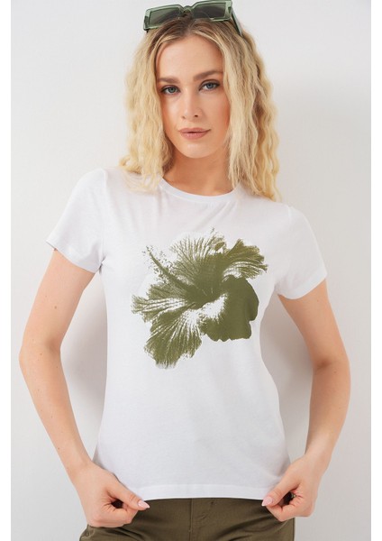 Kadın BDART Desenli Kamış Pamuklu Düz Yaka Tişört Green