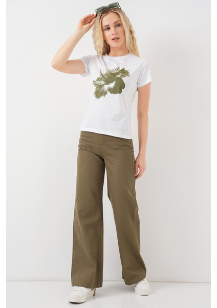 Kadın BDART Desenli Kamış Pamuklu Düz Yaka Tişört Green fiyatları