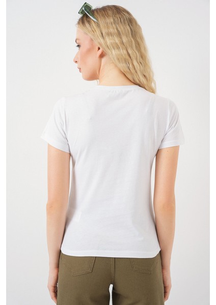 Kadın BDART Desenli Kamış Pamuklu Düz Yaka Tişört Green