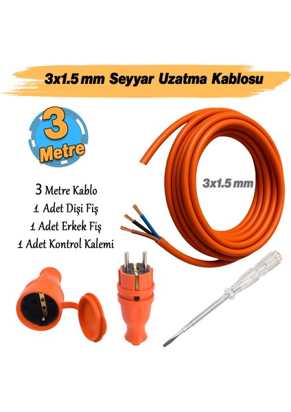 Seyyar 3 Metre Uzatma Kablosu Ttr Cca Çok Telli 3x1.5 mm Elektrik Kablo Kontrol Kalem Dişi Erkek Fiş