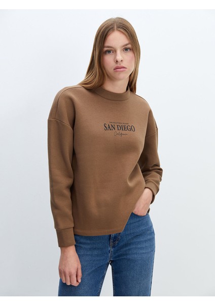 Yeni Sezon Bisiklet Yaka Baskılı Oversize Kadın Kalın Sweatshirt