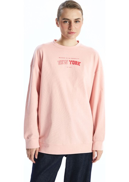 Yeni Sezon Bisiklet Yaka Baskılı Oversize Kadın Sweatshirt Tunik
