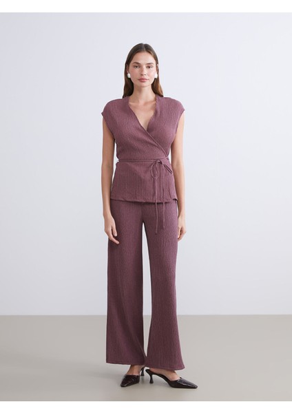 Yeni Sezon Beli Lastikli Dokulu Geniş Paça Kadın Pantolon