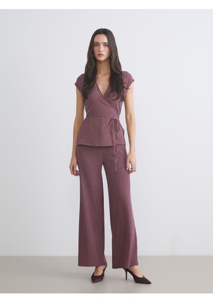 Yeni Sezon Beli Lastikli Dokulu Geniş Paça Kadın Pantolon fiyatları