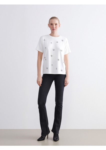 Yeni Sezon Bisiklet Yaka Çiçekli Taşlı Kadın Tişört modelleri