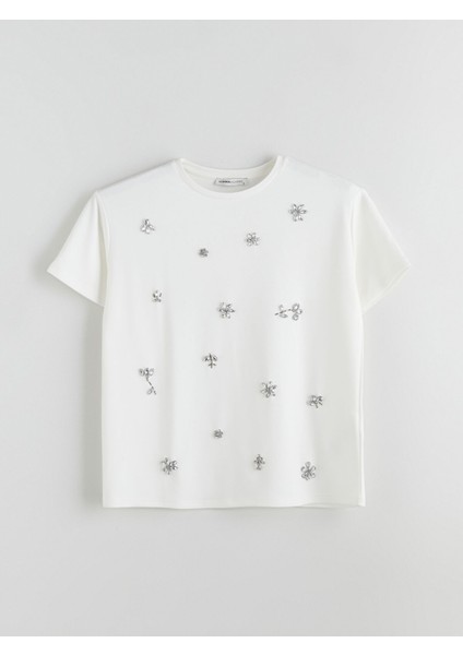 Yeni Sezon Bisiklet Yaka Çiçekli Taşlı Kadın Tişört indirimleri