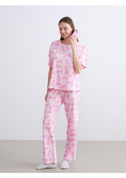 Yeni Sezon Bisiklet Yaka Barbie Baskılı Kadın Pijama Takımı
