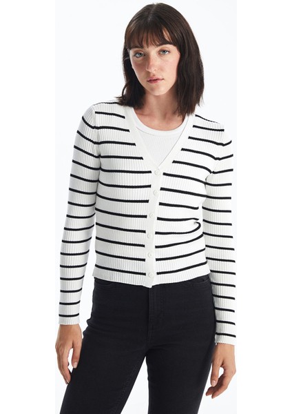 Yeni Sezon V Yaka Çizgili Uzun Kollu Kadın Triko Hırka