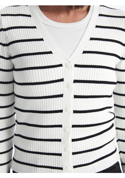 Yeni Sezon V Yaka Çizgili Uzun Kollu Kadın Triko Hırka modelleri