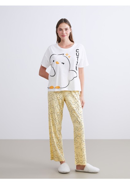 Yeni Sezon Bisiklet Yaka Baskılı Kadın Pijama Takımı