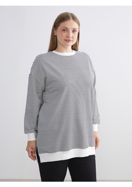 Yeni Sezon Büyük Beden Çizgili Kadın Sweatshirt Tunik