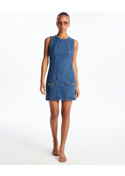 Yeni Sezon Bisiklet Yaka Mini Jean Elbise