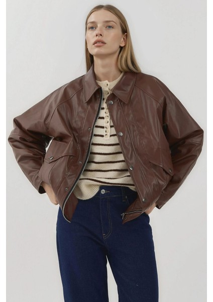 Kadın Cep Detaylı Oversized Suni Deri Ceket Brown fiyatları