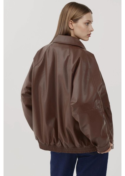 Kadın Cep Detaylı Oversized Suni Deri Ceket Brown fırsatları