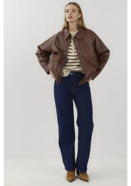 Kadın Cep Detaylı Oversized Suni Deri Ceket Brown indirimleri