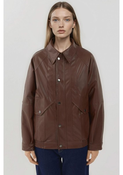 Kadın Cep Detaylı Oversized Suni Deri Ceket Brown