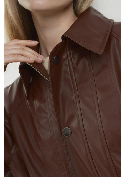 Kadın Cep Detaylı Oversized Suni Deri Ceket Brown