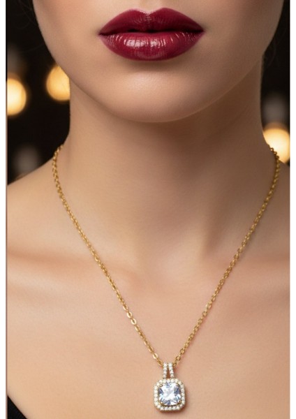 Altın Renk Kare Beyaz Taş Sf Zincir Çelik Kolye