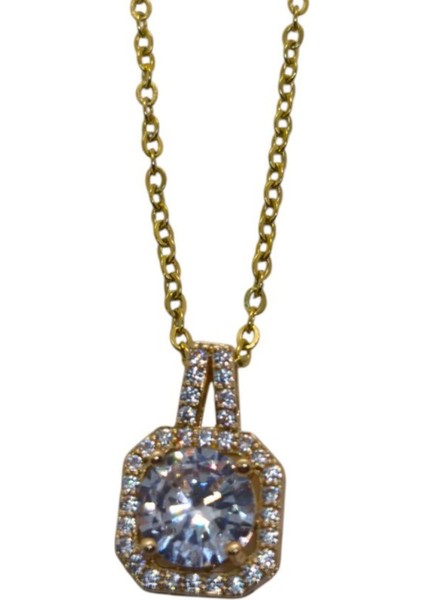 Altın Renk Kare Beyaz Taş Sf Zincir Çelik Kolye fiyatları