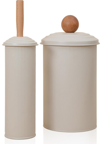 Stripe Bej Galvaniz Çöp Kovası & Tuvalet Fırçası 2'li Banyo Seti
