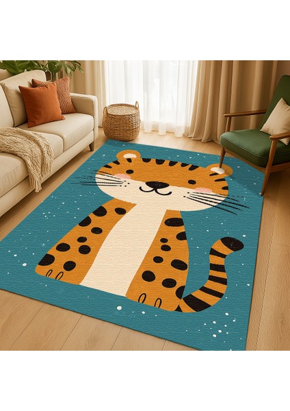 Mavi Zeminli Çocuk Odası Halısı, Kedi Figürlü, Yumuşak ve Makinede Yıkanabilir