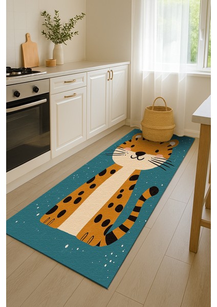 Mavi Zeminli Çocuk Odası Halısı, Kedi Figürlü, Yumuşak ve Makinede Yıkanabilir