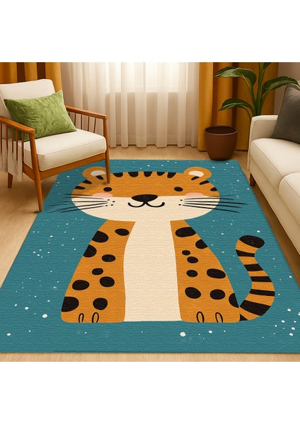 Mavi Zeminli Çocuk Odası Halısı, Kedi Figürlü, Yumuşak ve Makinede Yıkanabilir fiyatları
