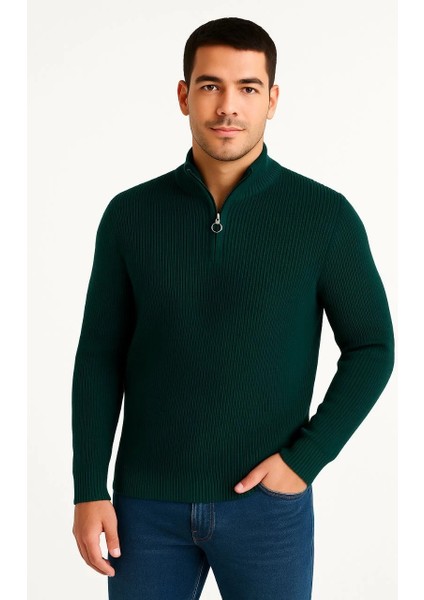 Erkek Yarım Fermuarlı Triko Kazak – Selanik Örgü, Dik Yaka, Pamuklu Dokuma, Regular Fit Uzun Kollu Kışlık Model - Haki