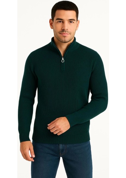 Erkek Yarım Fermuarlı Triko Kazak – Selanik Örgü, Dik Yaka, Pamuklu Dokuma, Regular Fit Uzun Kollu Kışlık Model - Haki fiyatları