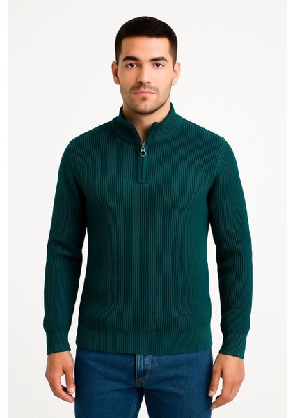 Erkek Yarım Fermuarlı Triko Kazak – Selanik Örgü, Dik Yaka, Pamuklu Dokuma, Regular Fit Uzun Kollu Kışlık Model - Haki modelleri