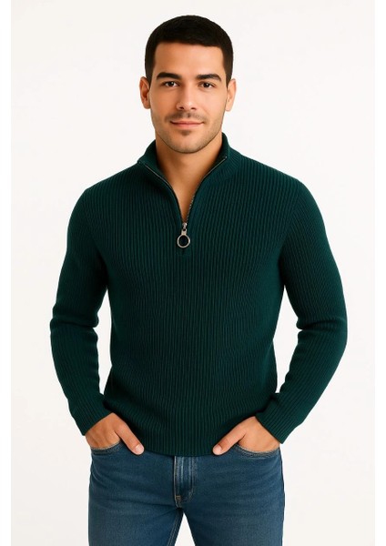 Erkek Yarım Fermuarlı Triko Kazak – Selanik Örgü, Dik Yaka, Pamuklu Dokuma, Regular Fit Uzun Kollu Kışlık Model - Haki fırsatları
