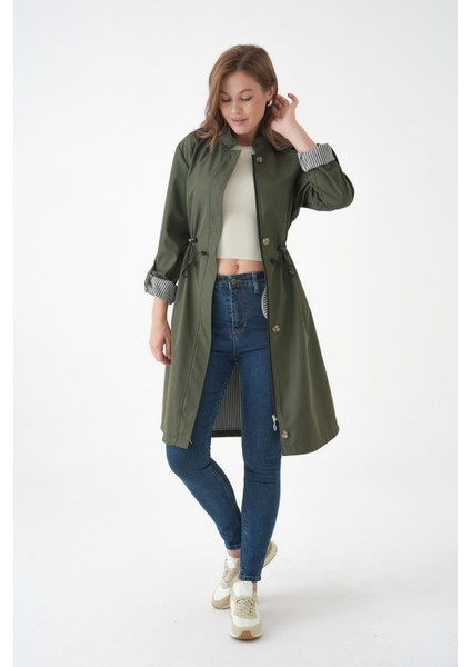 Haki Rüzgar ve Su Geçirmez Çıkarılabilir Kapüşonlu Beli Tünelli Bondit Kumaş Trençkot fiyatları