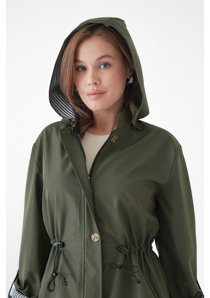 Haki Rüzgar ve Su Geçirmez Çıkarılabilir Kapüşonlu Beli Tünelli Bondit Kumaş Trençkot modelleri