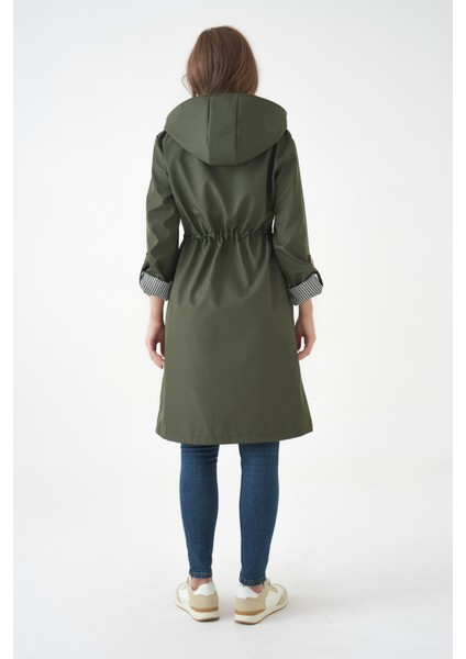 Haki Rüzgar ve Su Geçirmez Çıkarılabilir Kapüşonlu Beli Tünelli Bondit Kumaş Trençkot fırsatları