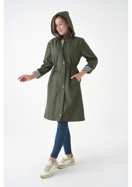 Haki Rüzgar ve Su Geçirmez Çıkarılabilir Kapüşonlu Beli Tünelli Bondit Kumaş Trençkot indirimleri