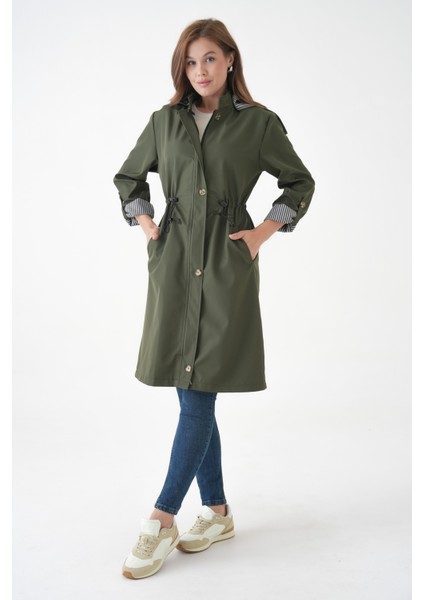 Haki Rüzgar ve Su Geçirmez Çıkarılabilir Kapüşonlu Beli Tünelli Bondit Kumaş Trençkot