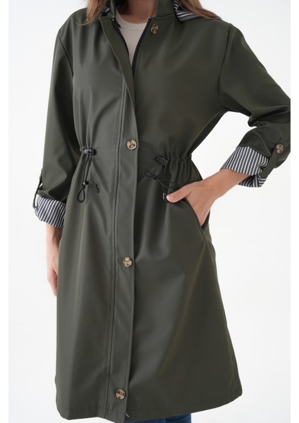 Haki Rüzgar ve Su Geçirmez Çıkarılabilir Kapüşonlu Beli Tünelli Bondit Kumaş Trençkot