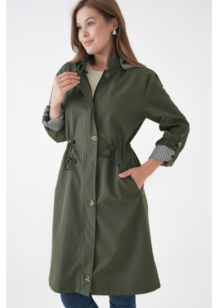 Haki Rüzgar ve Su Geçirmez Çıkarılabilir Kapüşonlu Beli Tünelli Bondit Kumaş Trençkot