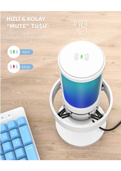 Ampligame A8 USB Rgb Beyaz Yayıncı Bilgisayar Mikrofon