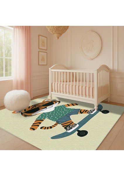Kaymaz Tabanlı Tatlı Kaplan Figürlü Çocuk Halısı, Oyun Odası Dekoru