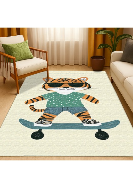 Kaymaz Tabanlı Tatlı Kaplan Figürlü Çocuk Halısı, Oyun Odası Dekoru