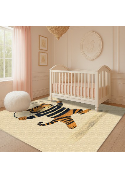 Tatlı ve Eğlenceli Kaplan Figürlü Çocuk Halısı, Makinede Yıkanabilir ve Kaymaz